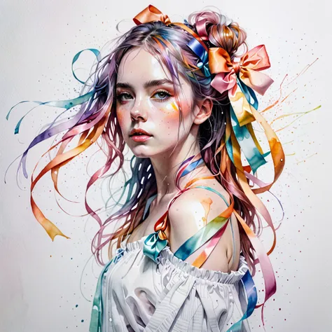 (8k, best quality, masterpiece:1.2),(best quality:1.0), (ultra highres:1.0), pencil colors, a beautiful woman, shoulder, hair ribbons, by agnes cecile, full body photography extremely luminous bright design, pastel colors, (ink:1.3), autumn light