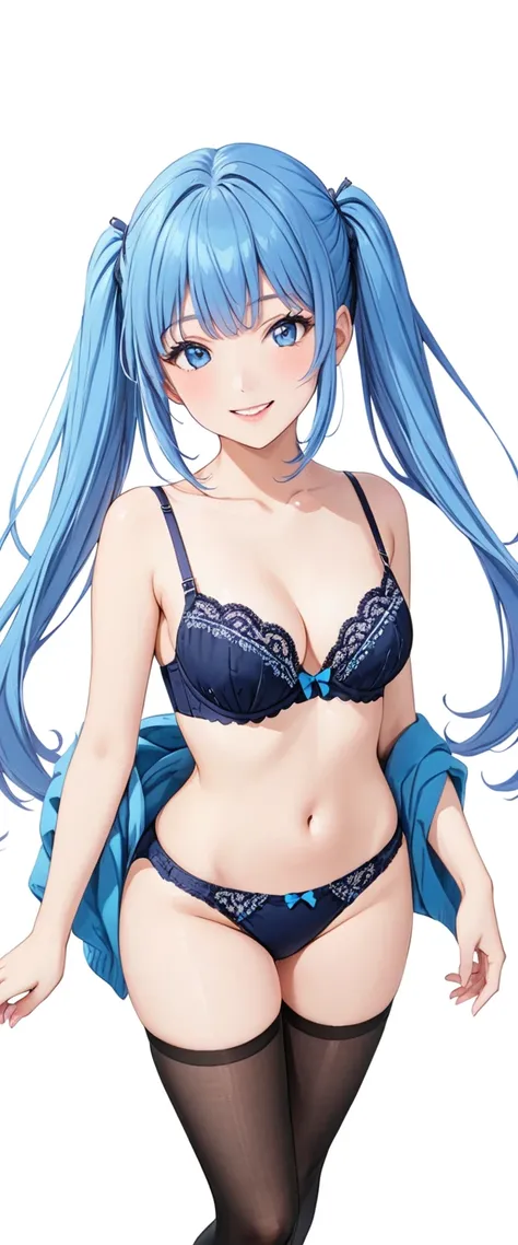 whole body, (female): 1girl, (solo), (perfect face), (detailed outfit), (little girl), beautiful female, smile (happy), blue hair, long hair, twintails hair, blue eyes, (bra, panties), (white background), (masterpiece:1.4), (best quality), (highres) (sharp...