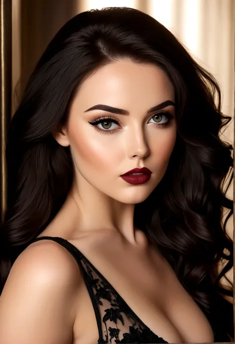 Create an image of a stunningly beautiful perfect sexy Irish girl, Stunningly gorgeous beautiful perfect sexy face, perfect makeup, lipstick, curved eyebrows, long luscious eyelashes, black eyeliner, long luscious hair, seductive eyes, hour glass body figu...