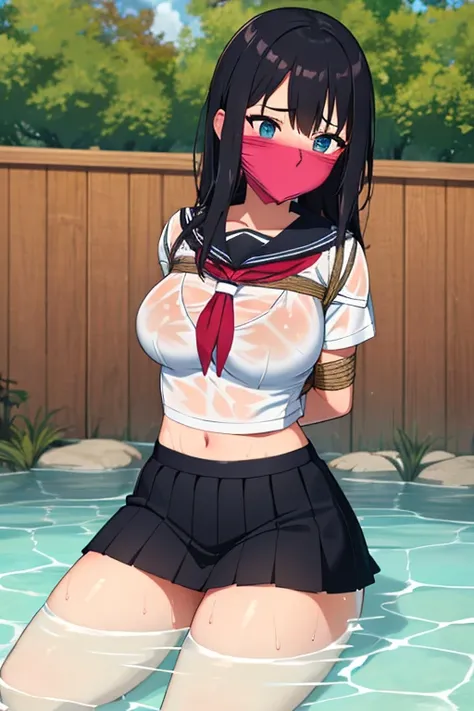 1 girl, detailed blue eyes, lange wimpern, detailed beautiful face, 4k quality, (Long black hair:1.4), (arms behind back:1.6), gefesselte Arme, Red rope, (blushing:1.3), (Big boobs:1.2), (weißes Hemd mit schwarzer krawatte, black skirt, school girl, 18 jea...