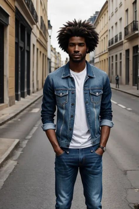 meilleure qualité 4K ),original, 1 homme,  Un bel homme à la peau foncée black , Homme afro-américain aux cheveux naturels, cheveux courts noir , coupe à la mode, nez ;ébène, reel , grand, masculin, vêtu de vêtements urbains bleus et un jean , le style est...