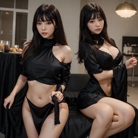 create a single korean women in bangs hairstyle with busty figure in black silky dress