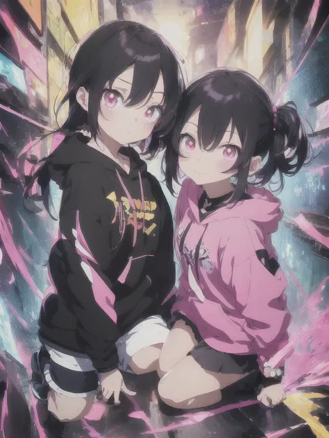 anime boy and girl with black hair and pink eyes and black hoodie, anime style 4 k, high quality anime artstyle, style anime, an...