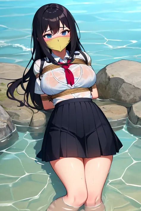 1 girl, detailed blue eyes, lange wimpern, detailed beautiful face, 4k quality, (Long black hair:1.4), (arms behind back:1.6), gefesselte Arme, Red rope, (blushing:1.3), (Big boobs:1.2), (weißes Hemd mit schwarzer krawatte, black skirt, school girl, 18 jea...