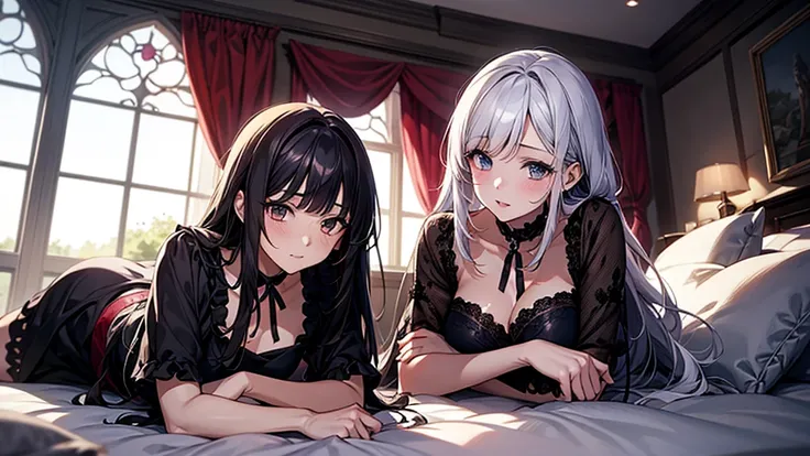 Anime image of two girls lying in bed with a window in the background, Anime drawing by Kamaguruka, Pixiv, Gothic art, Two beautiful anime girls, everyone, from Girls&#39; Frontline, trending on artstation Pixiv, Fine details. Girls&#39; Frontline, guweiz ...