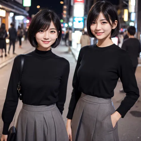 Top quality, 1 beautiful woman, Short Hair, black hair, wearing  Long Sleeve& skirt, shy smile,midnight,upper body , at street,Japanese