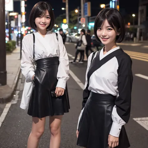 Top quality, 1 beautiful woman, Short Hair, black hair, wearing  Long Sleeve& skirt, shy smile,midnight,upper body , at street,Japanese