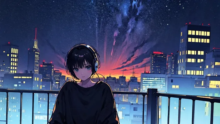 black short hair, black clothing, one adult woman looking sideways ,blue headphones、 city of night, delicate background、masterpi...