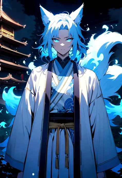 fox Light blue hair 　beast boy们　Indigo fur　fox beast boy们　fox Light blue hair 　beast boy们　Indigo fur　fox beast boy们　Wallpaper 4k,8K,Very detailed,Vibrant colors,water glow,Black silhouette of a pagoda,Faint moonlight,Dense forest,Ethereal atmosphere,Dapple...