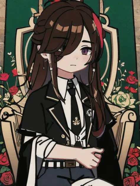 (masterpiece, best quality:1.2), 1 guy, Brown hair, bangs cover the right eye,shirt, tie, trousers, Sits on the throne, holding a rose in his hands, Roses Around