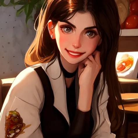 Perfect face, straight beauty, Restauranteur, she smiles, Female based in alexandra daddario, she owns a restaurant portrait, close-up, the background is a wall