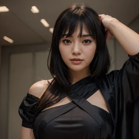 create a single women photo korean face in bangs hairstyle with busty figure in black silky dress