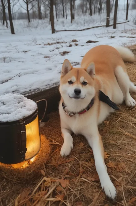 a Shiba Inu dog, adorned with a warm, orange scarf, sitting amidst a snowy environment. The dog appears to be enjoying the snowfall, with its eyes closed and a content expression on its face. Surrounding the dog are various objects, including a pot with a ...