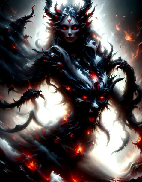 Beautiful female Demoness with, white long hair, perfect body, Strong and powerful upper body, devil skin, skins, demon armor, mist, vivid alluring eyes, blood splash, , taking your soul, skulls on the ground, Make a blood sacrifice, medieval, Dark room, l...