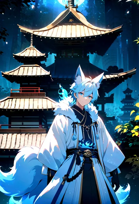 fox Light blue hair 　beast Boys　Indigo fur　fox beast Boys　fox Light blue hair 　beast Boys　Indigo fur　fox beast Boys　Wallpaper 4k,8K,Very detailed,Vibrant colors,water light,Black silhouette of a pagoda,Faint moonlight,Dense forest,Ethereal atmosphere,Dappl...