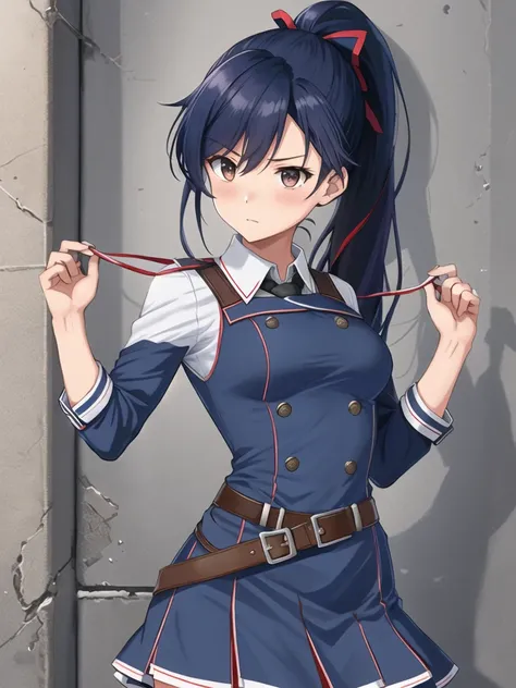 1girl, solo, Laura S. Arseid (long dark blue hair, ponytail and side Bang, small boobs), (inspired by trails of cold steel) in a school dress showing off her panties, in a military school, embarrassed