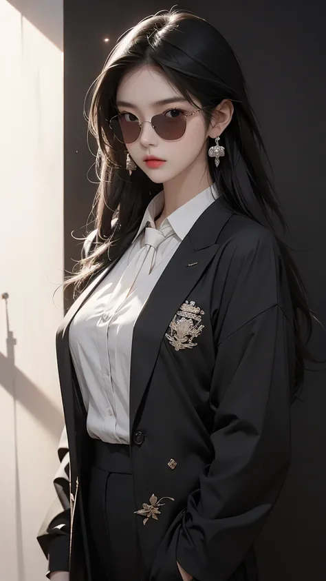 a beautiful Korean woman with long straight hair, wearing sunglasses, wearing decorated earrings, wearing casual clothes such as a black suit, white tie, is standing in a dark room, black background. HD REALISTIC
