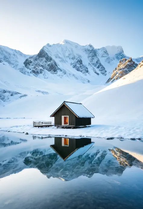 minimalism，snowfield，snow covered hut，river，reflection，4k