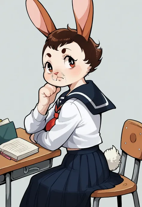 (tezuka osamu style) , left side view , focus face , hairy bunny Short stature girl , (realistic hairy bunny fur:1.2) , round Mumps face , (tilt face:1.2) , geek , round eyes , Swollen cheeks , shy , glossy lips , in the school , Class is in progress , sch...