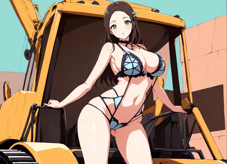 A sexy woman dressed in revealing construction lingerie, posing on a bulldozer that is at an active construction site
