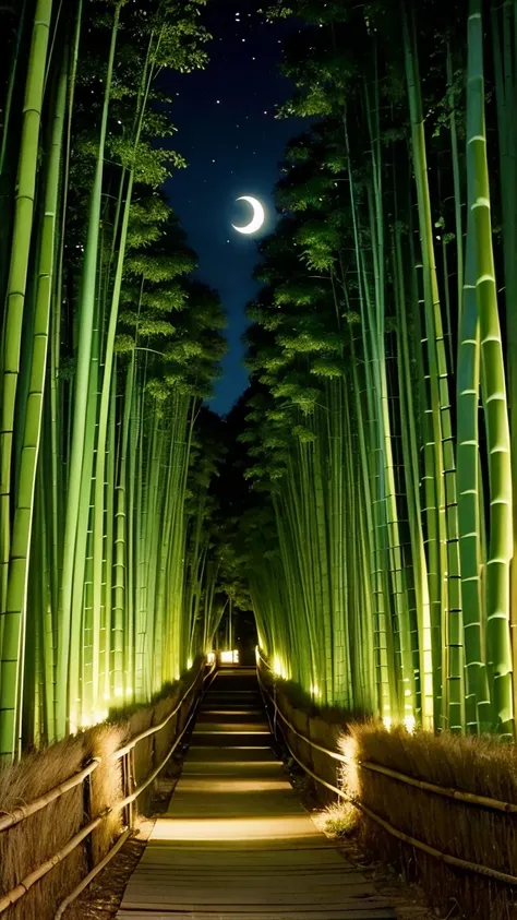 quiet night, Quiet bamboo forest, Bamboo leaves dancing in the wind, Full moon in the sky, Fireflies are flying