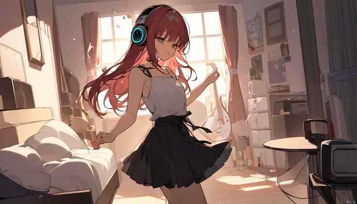 A girl dancing solo with headphones on in her room - "Solo jam session",chat ear、Dancing Girl