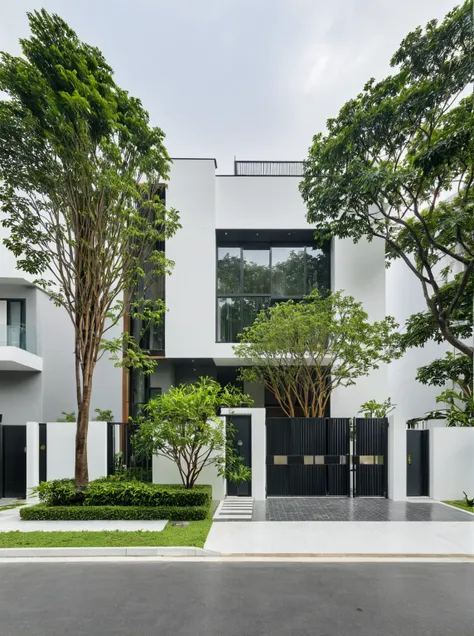 raw photo, a photo of a modern villa, sidewalk, sidewalk trees, steel gate, road, viet nam modern residence, a car parked in fro...