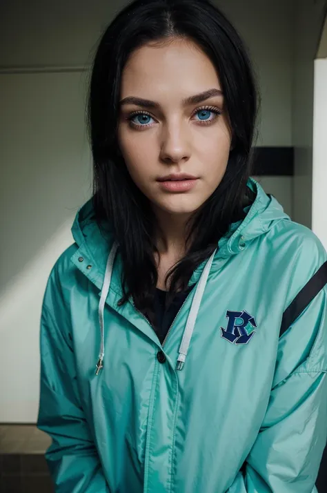 has white skin, black hair, beautiful dark blue eyes, wears a green jacket and has the letter "R" on the front in blue, has a bandage for a wound on her right hand