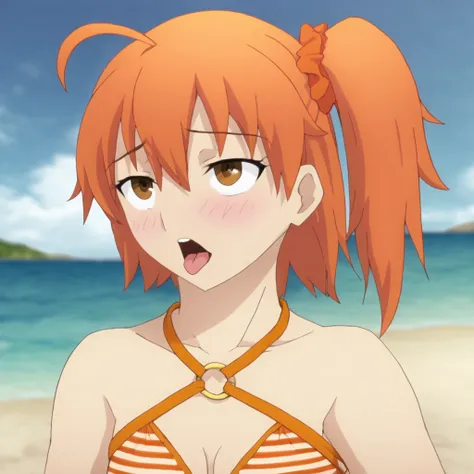 pony,masterpiece, best quality, nsfw,ahegao, gudako, solo, (halterneck,striped bikini,orange bikini,o-ring), (o-ring bikini) ,be...