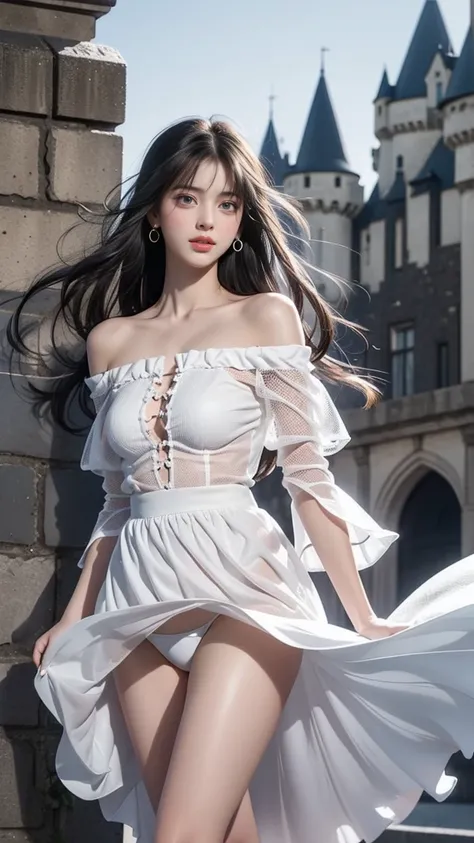 ((Girl standing in front of the wall of an old castle))、Fluorescent color、1 girl、Looking to the side、Beautiful face、Beautiful eyes、（Off the shoulder：1.2）、Upper Body、Shiny Hair、Glowing Skin、 Reduce glare、The proportions of the fingers have been adjusted、Esc...