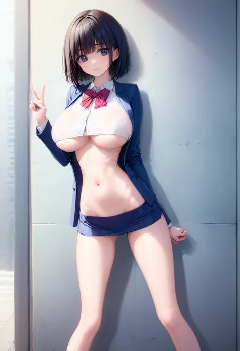 (masterpiece, best quality:1.2), Realistic, front shot, 1girl, kawaii, (super big breasts, micro waist, very long legs:1.3), Black hair, short bob hair, short height, scrawny and thin body, Light Skin, cute big eyes, cute thin face, miniskirt, blazer, pige...