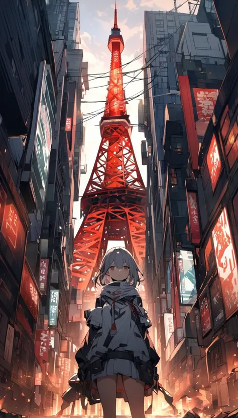 Tokyo Tower 1000 years after the extinction of humanity, with a girl looking at it