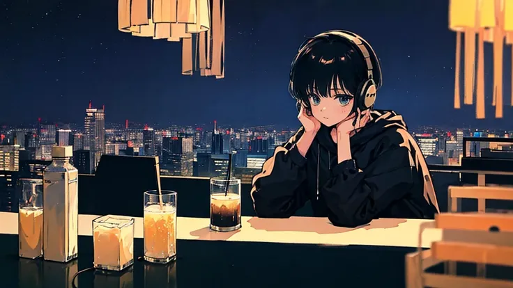 Black short Hair, Black Clothing, One Adult Woman Looking Sideways ,Blue headphones、 City of night, Delicate background、Masterpiece、Night Town、night、dark、Nostalgic、コーヒーを飲む