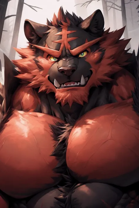 incineroar, solo, muscular, perfect_eyes, perfect_face, abs, big_chest,wide_body, muscular_arms, winter, snow_forest_background,...