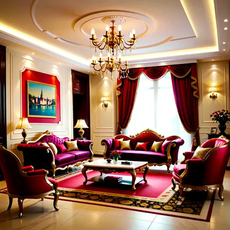 The living room is decorated in European style, Luxurious and sophisticated atmosphere. Exquisite interior decoration details highlight the sophisticated style of the room, The carefully designed decorative design adds an impeccable finishing touch