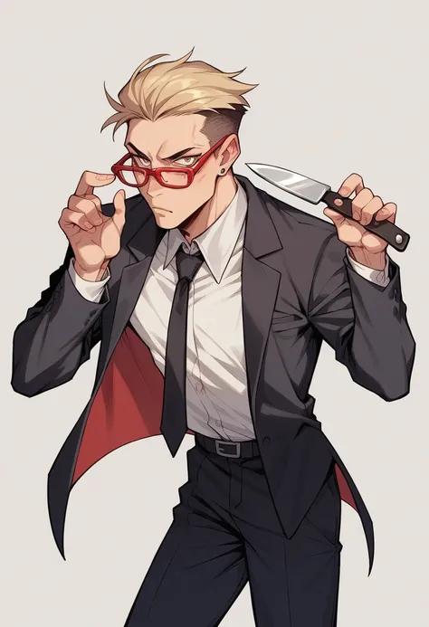 blonder woman, Black Suit, Red glasses, fork and knife in hand