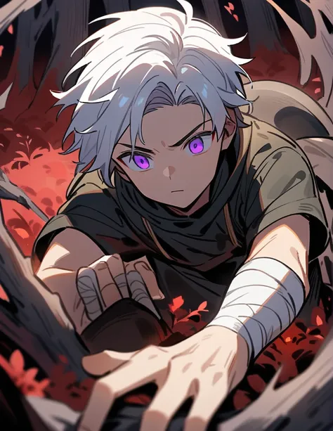 young Greek boy with white hair, violet eyes, bandaged fists and pushes a large round stone in a red forest of dead trees