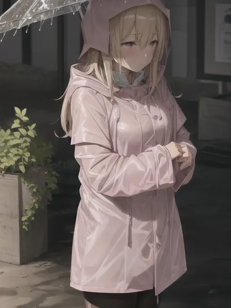 Light pink buttoned raincoat, wearing hood, muddy clothes, muddy raincoat, covered in mud