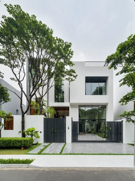 raw photo, a photo of a modern villa, sidewalk, sidewalk trees, steel gate, road, viet nam modern residence, a car parked in fro...