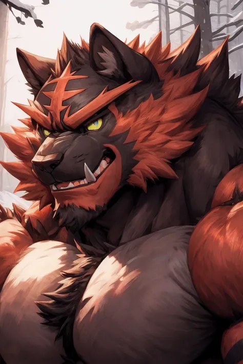 incineroar, solo, muscular, perfect_eyes, perfect_face, abs, big_chest,wide_body, muscular_arms, winter, snow_forest_background,...