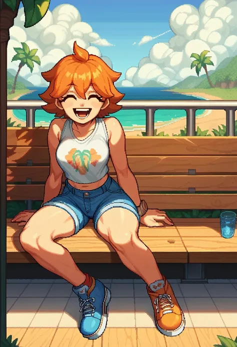 Pixel Art pixelated pixel pixel  , laughing hysterically , + / A fit orange haired woman on vacation , sitting on a bench, next to railway 