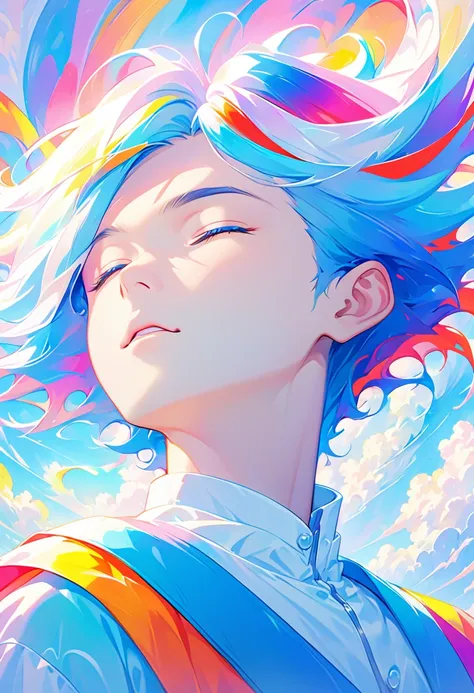 (psychedelic art:1.5), (view from below:1.2),boy，personification，big color block，white，blue, Upper body, eyes closed,