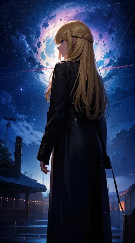 １people々々々々々々々々々々,Blonde long-haired woman，Long coat， Dress Silhouette， Rear View，Space Sky, comet, Anime Style, 屋上からの市街地のrain夜景，rain，