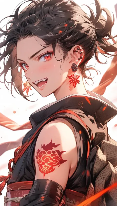 Boy，Glittery earrings，red glowing tattoo, Short black hair, red eyes, Ninja