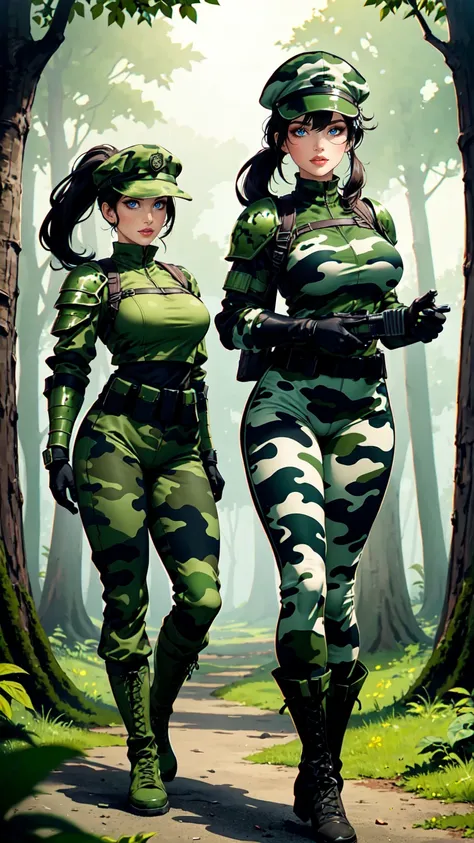 women,brow hair, ponytail,brown eyes, waering green cap,oliv green body armor,oliv green camouflage uniform, camouglage trousers...