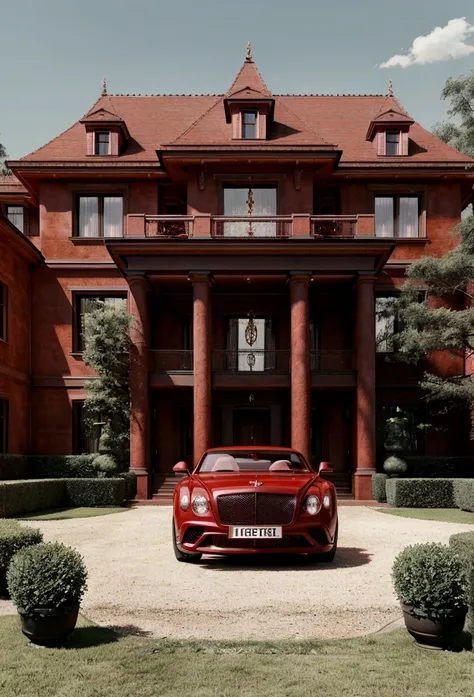 a beautiful high-luxury european-style mansion with red walls and red details,  with a red bentley car parked in front of the ma...