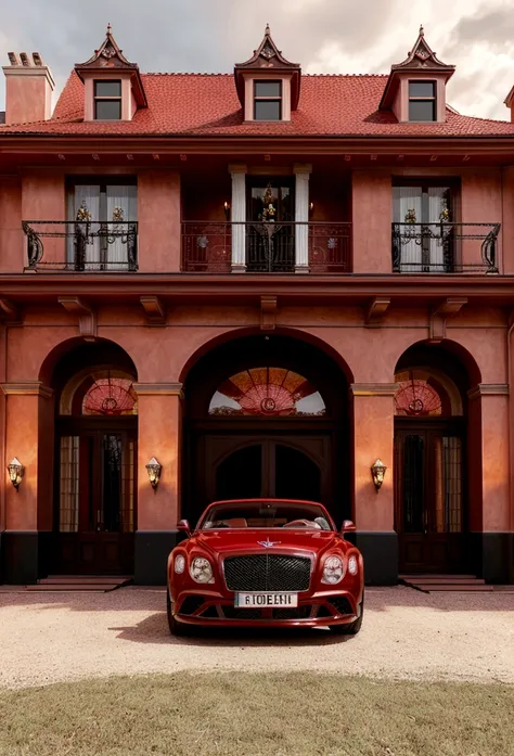 a beautiful high-luxury european-style mansion with red walls and red details,  with a red bentley car parked in front of the ma...