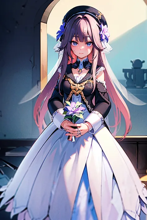 (wedding, dress, masterpiece, top quality, best quality, official art, beautiful, aesthetic:1.2), (1 girl), highly detailed eyes...