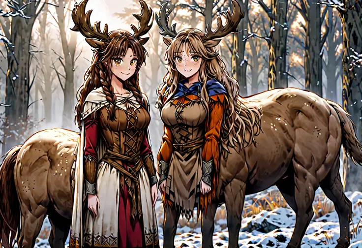 female, sfw, panoramic shot, brown hair, long hair, wild hair, deer antlers, huge woman, brown eyes, cape, winter, forest, freck...