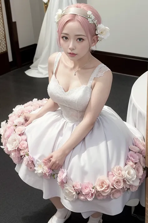 haruno sakura, ((alone)), alone, bride, wearing a white wedding dress, queen, happy, ((show your forehead)), are standing, enter...